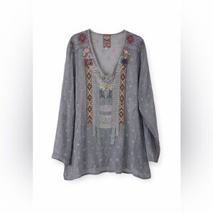 Johnny Was Small Gray Embroidered V Neck Lace Top Shirt Tunic High Low Blouse